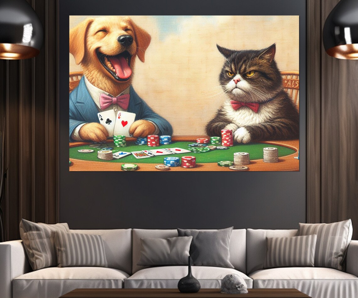 Dog And Cat Playing Poker At Card Table Funny Animal Game Room Wall Art Print - Image 2