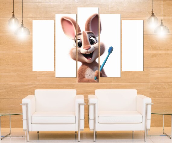 Cute Rabbit With Toothbrush Cartoon Smile Dental Office Kids Wall Poster