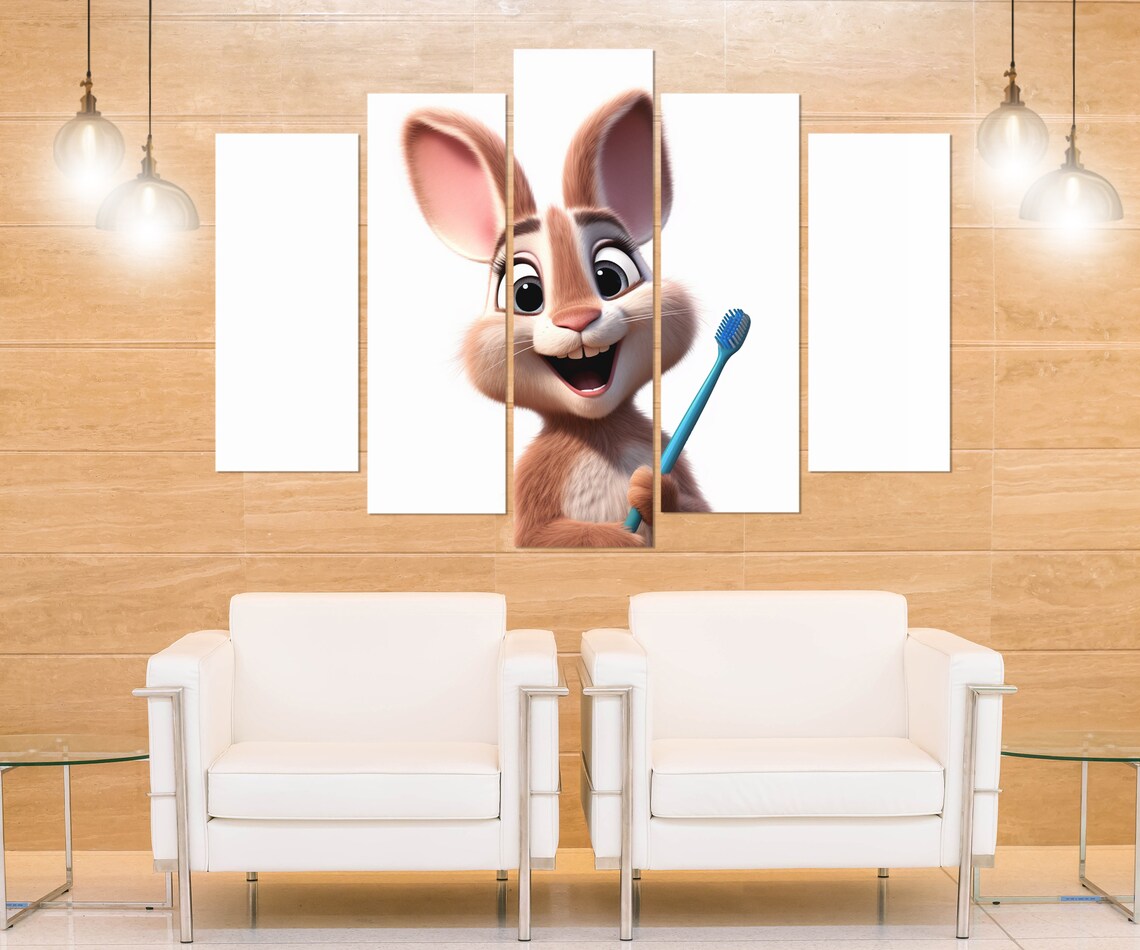 Cute Rabbit With Toothbrush Cartoon Smile Dental Office Kids Wall Poster