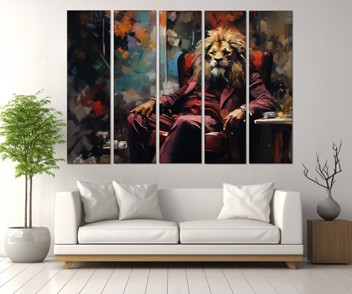 Lion In A Suit Boss Sitting In Armchair Funny Animal Portrait Art Poster - Image 2