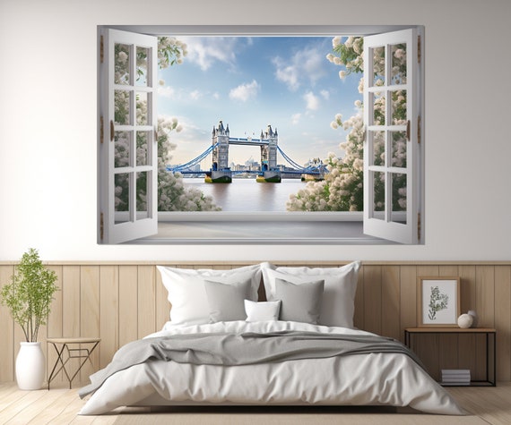 Open Window With Tower Bridge In London View Print London Bridge Wall Art Faux Window Wall Decor Framed And Ready To Hang