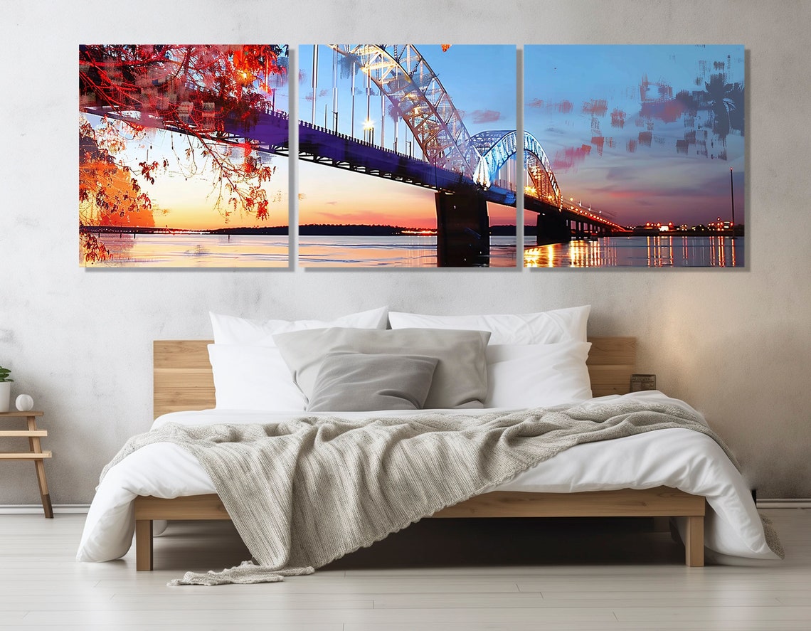 Steel Arch Bridge Sunset River City Lights Panoramic Nightfall Poster - Image 4