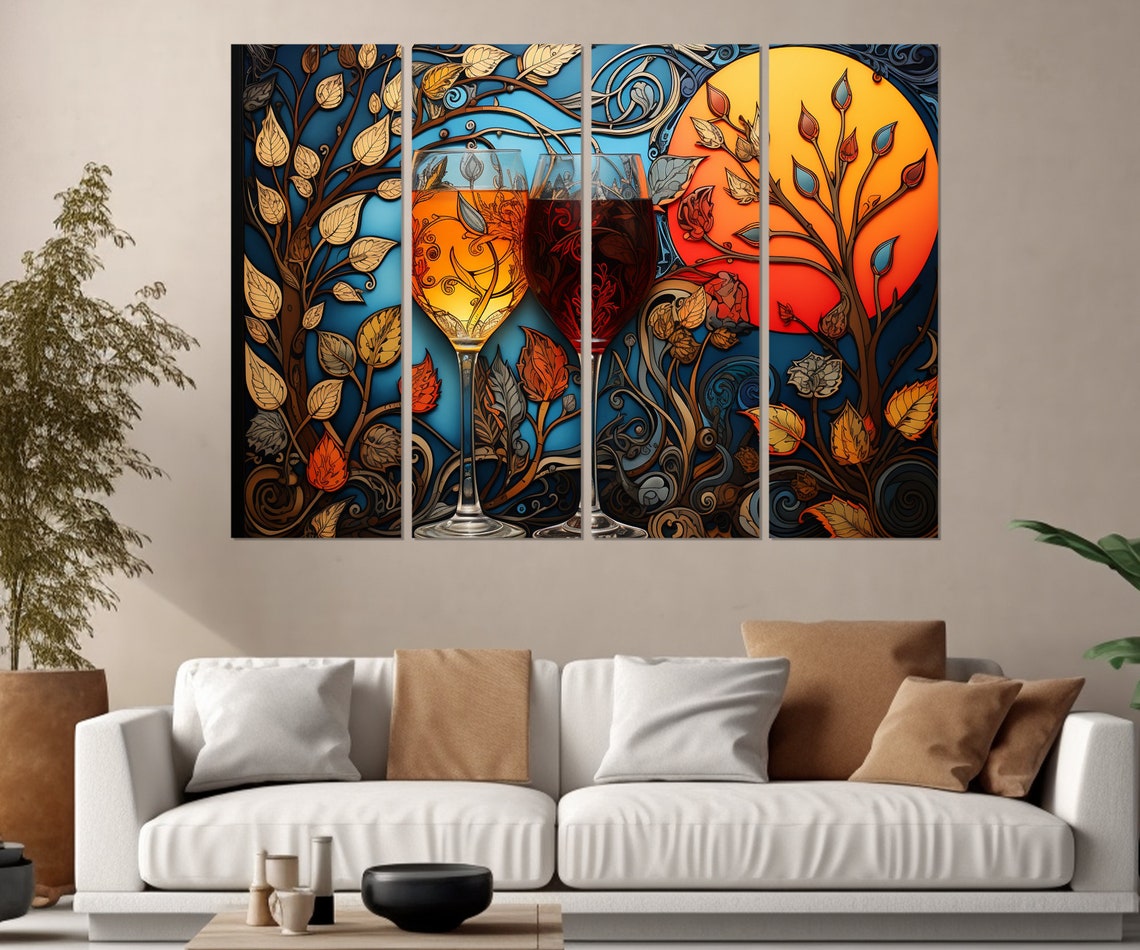 Two Wine Glasses Blue Background Golden Leaves Ornate Wall Poster - Image 3