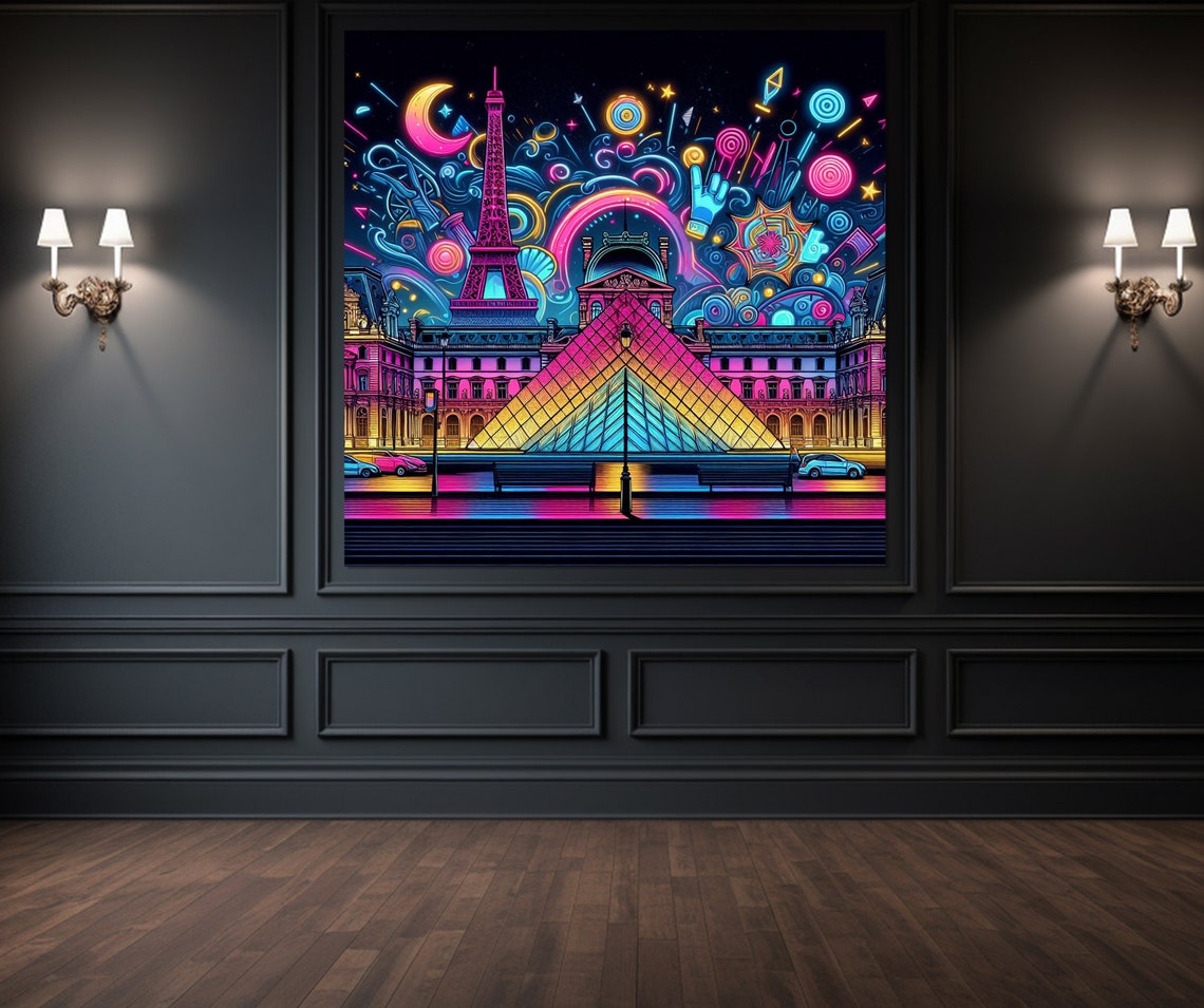 Neon Paris Eiffel Tower Louvre Pyramid Night City Lights Poster - Image 2