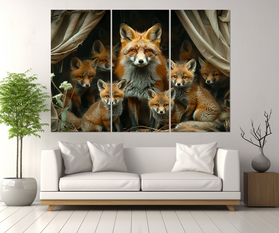 Mother Fox Seven Cubs Den Red Fox Family Wildlife Nursery Wall Art - Image 4
