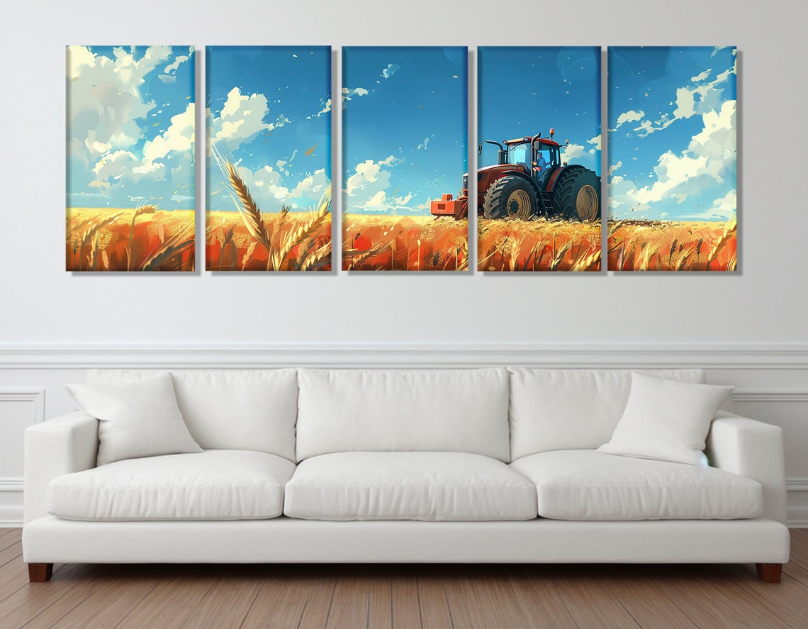 Red Tractor In Golden Wheat Field Bright Blue Sky Farm Decor Poster - Image 3