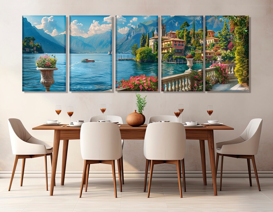 Lake Como Coast Oil Painting Print, Italy Panorama - Image 2