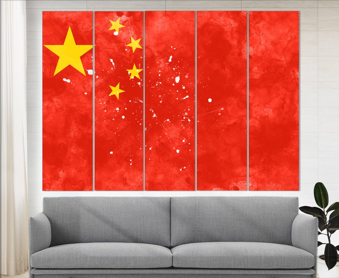 China Flag Watercolor Print Red Gold Patriotic Asian Wall Art Poster - Image 2
