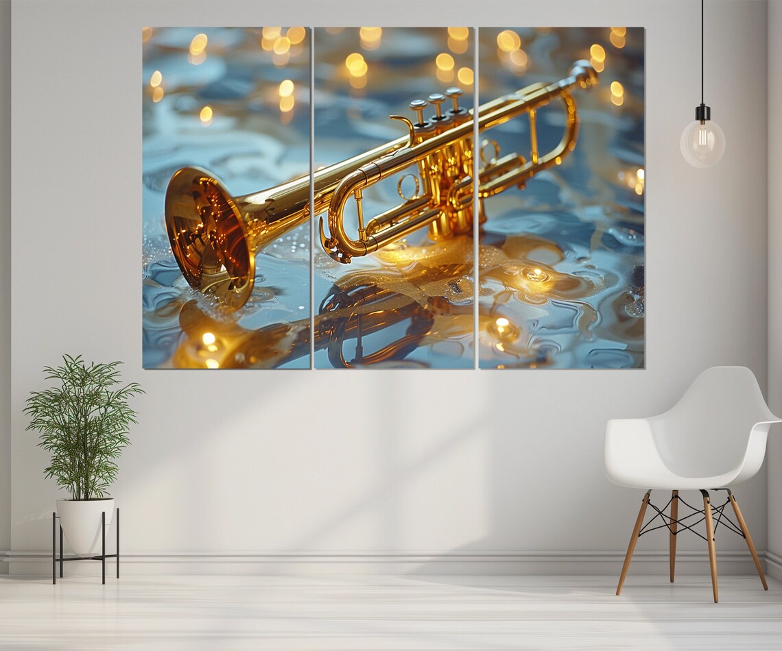 Golden Trumpet on Shimmering Water Abstract Reflection Musician Gift Wall Art Print - Image 4