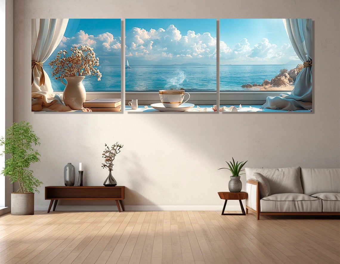 Window Sea View Morning Coffee Sailboat Coastal Illusion Poster - Image 4