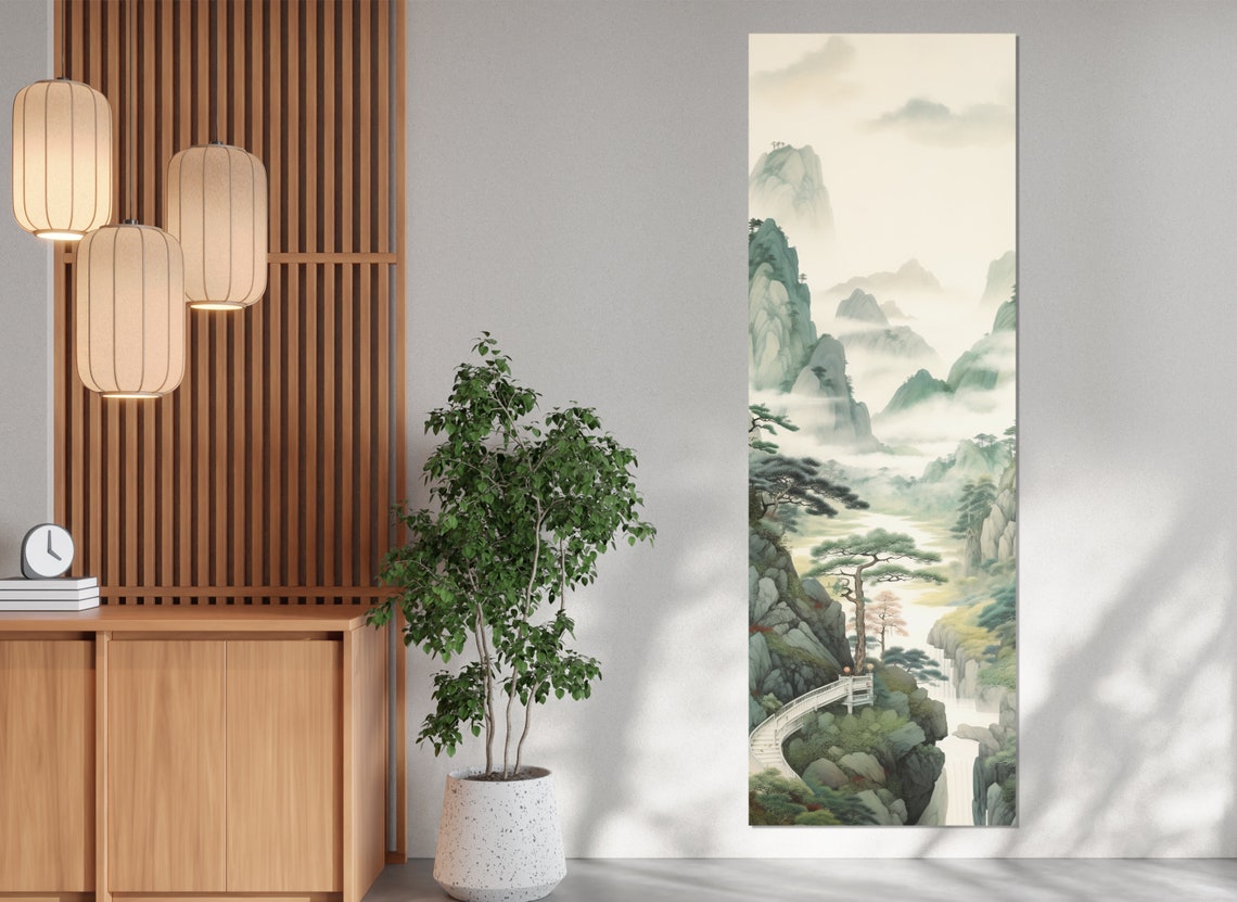 Misty Asian Mountains Ink Wash Vertical Waterfall Pines Zen Art Poster - Image 3