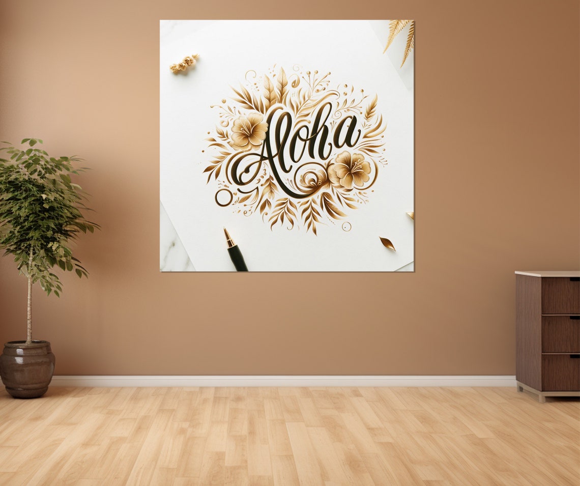 Aloha Gold Calligraphy Floral Wreath Elegant White Hawaii Wall Art - Image 3