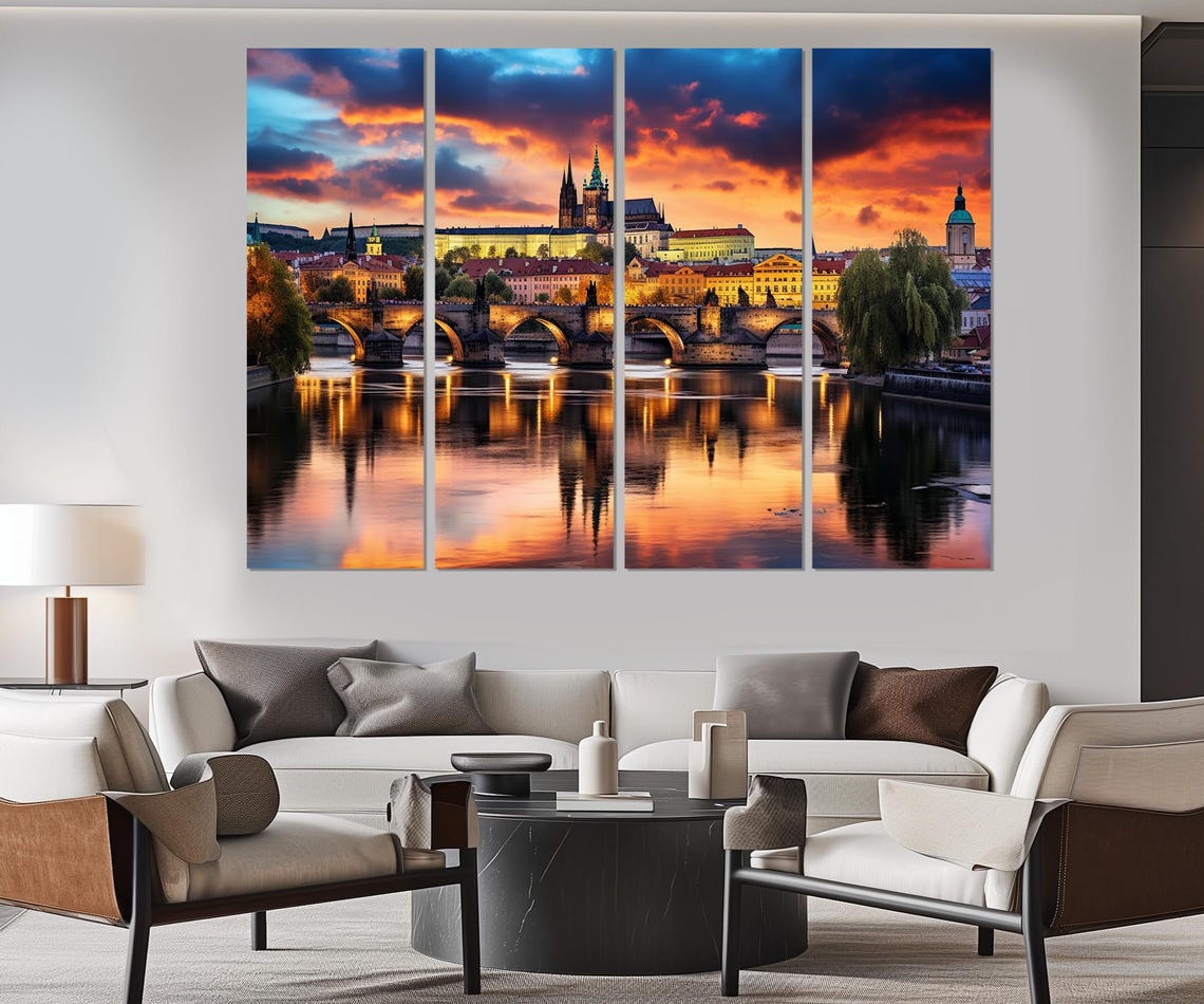 Prague Charles Bridge Castle Sunset Vltava River Reflection Poster - Image 3