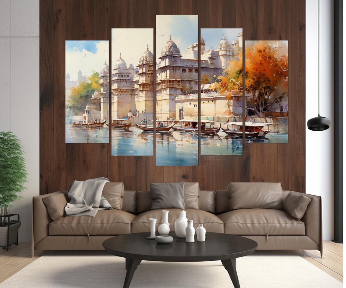 Udaipur City Palace Lake Pichola Boats India Watercolor Travel Poster - Image 4