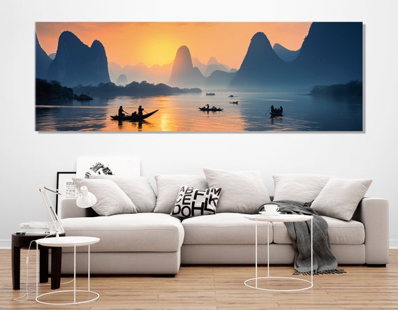 Large Li River Print Li River Painting Maoer Mountains China Wall Art Li Jiang Painting Framed And Ready To Hang