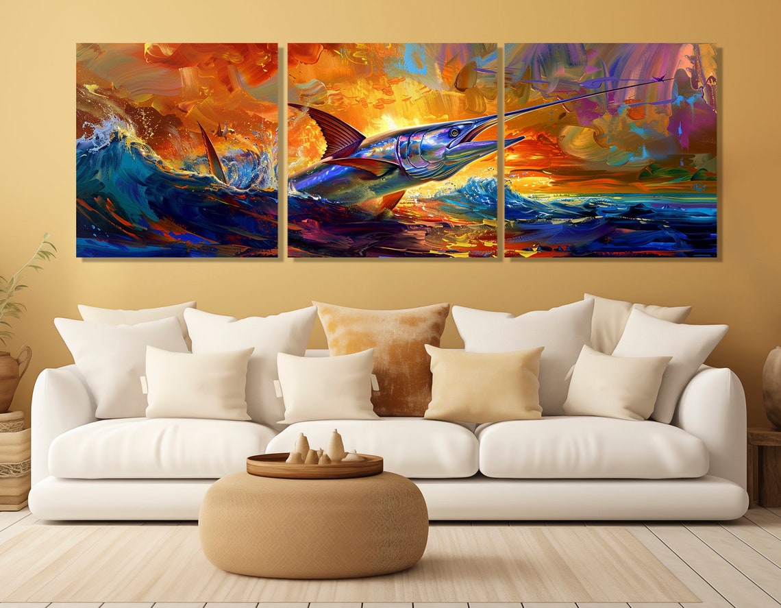 Marlin Leaping Ocean Sunset Vibrant Abstract Fish Painting Poster - Image 3