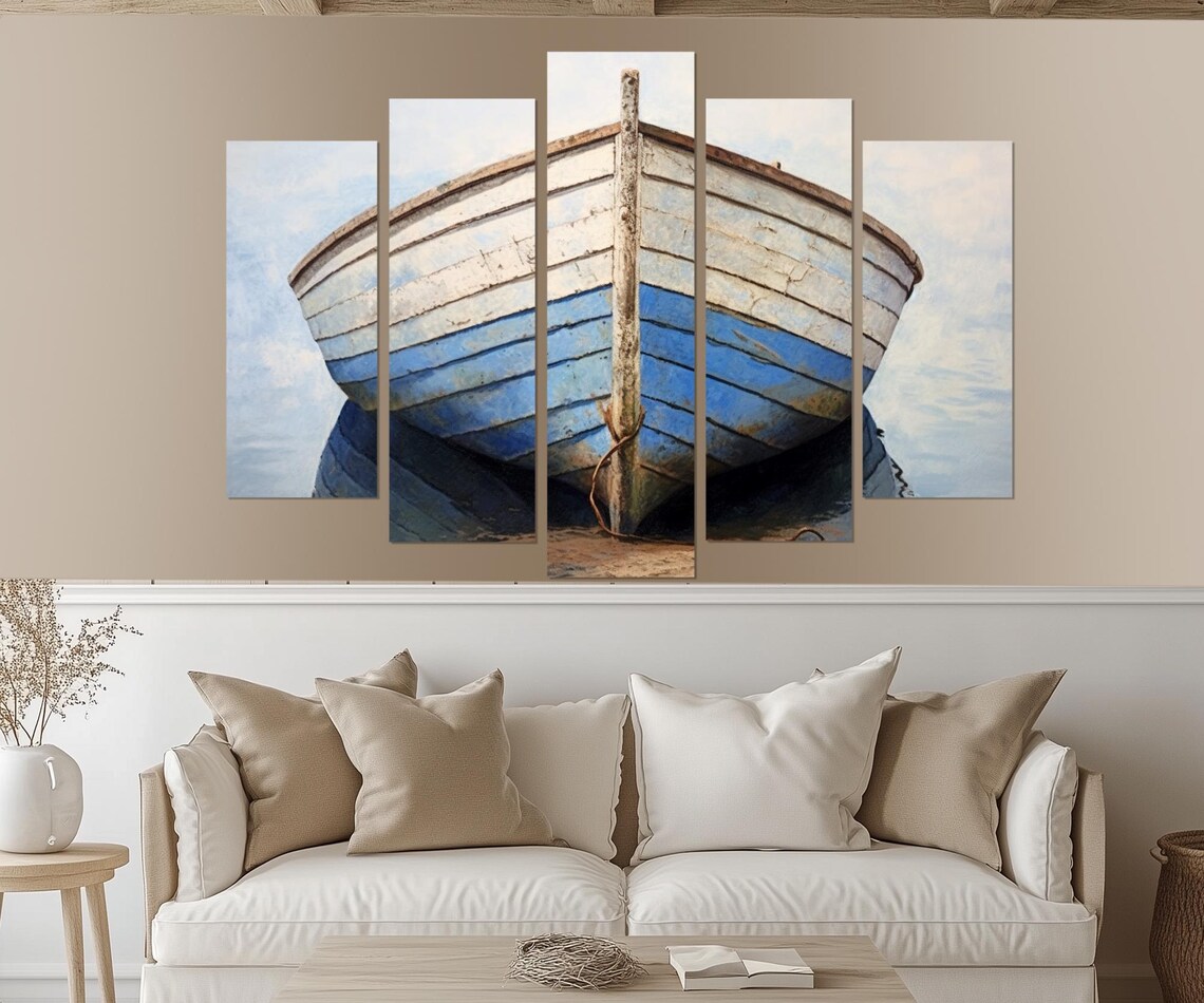Old Blue Wooden Fishing Boat Weathered Hull Calm Water Art Poster - Image 3