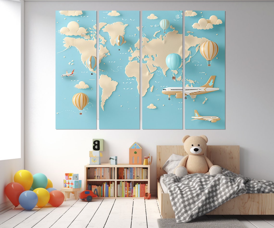 Kids 3D World Map Airplanes Hot Air Balloons Blue Nursery Wall Poster - Image 2