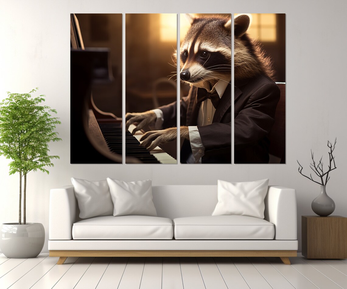 Raccoon In Tuxedo Playing Grand Piano Warm Backlight Funny Animal Pianist Poster - Image 2