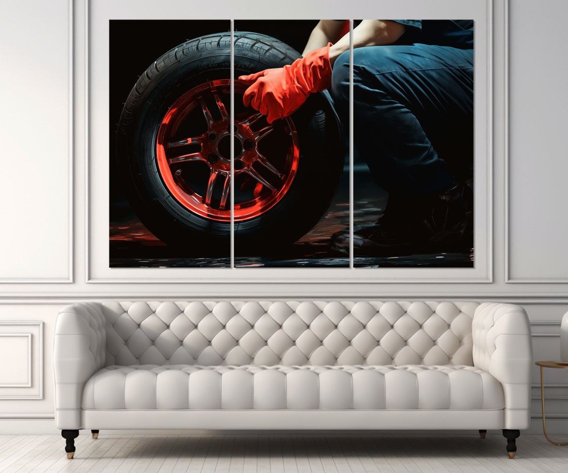 Tire Fitter Red Gloves Red Rim Wheel Dark Garage Wall Art Poster - Image 3