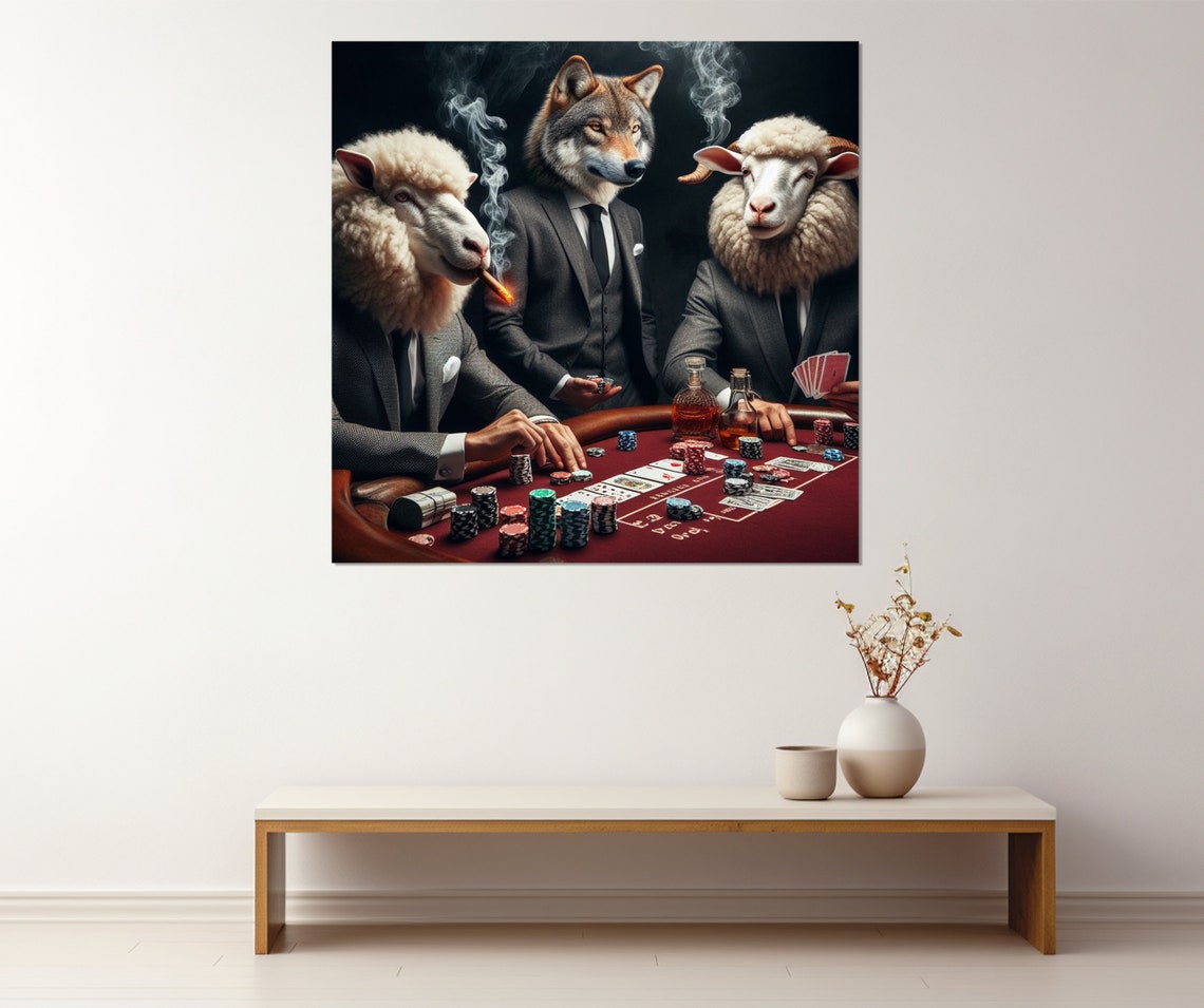 Wolf in Suit Playing Poker With Sheep Cigar Whiskey Game Room Poster - Image 2