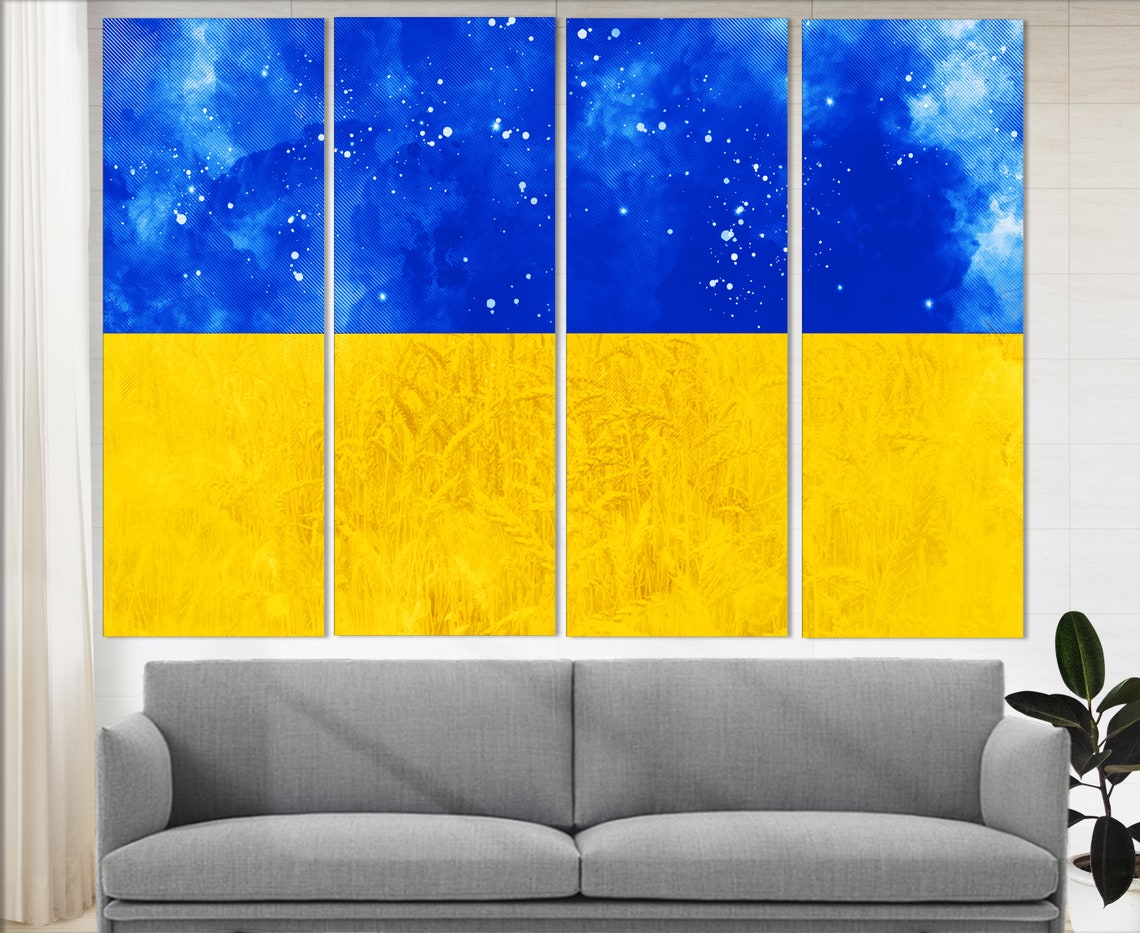 Ukraine Flag Watercolor Starry Sky Wheat Field 3 Panel Canvas Wall Art - Image 3