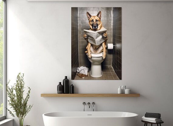 German Shepherd Dog On Toilet Reading Newspaper Funny Bathroom Wall Poster