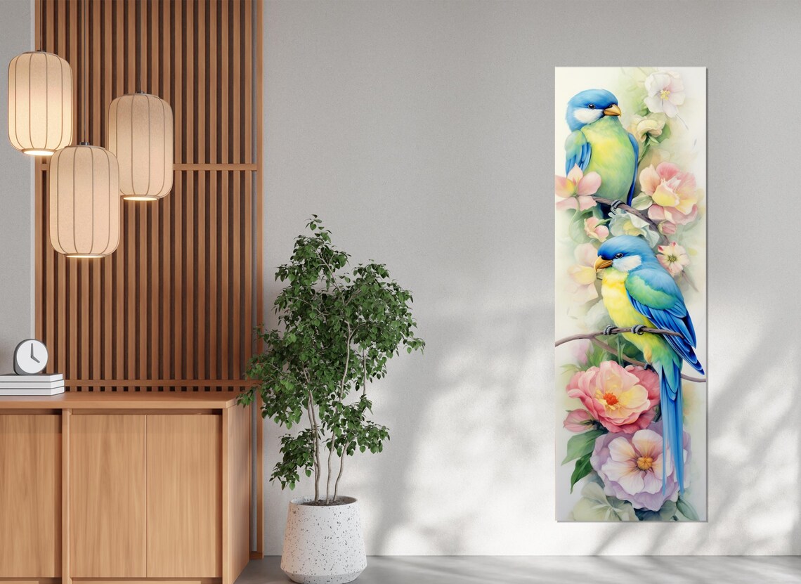 Blue Yellow Songbirds Blossom Branch Soft Watercolor Nature Poster - Image 3