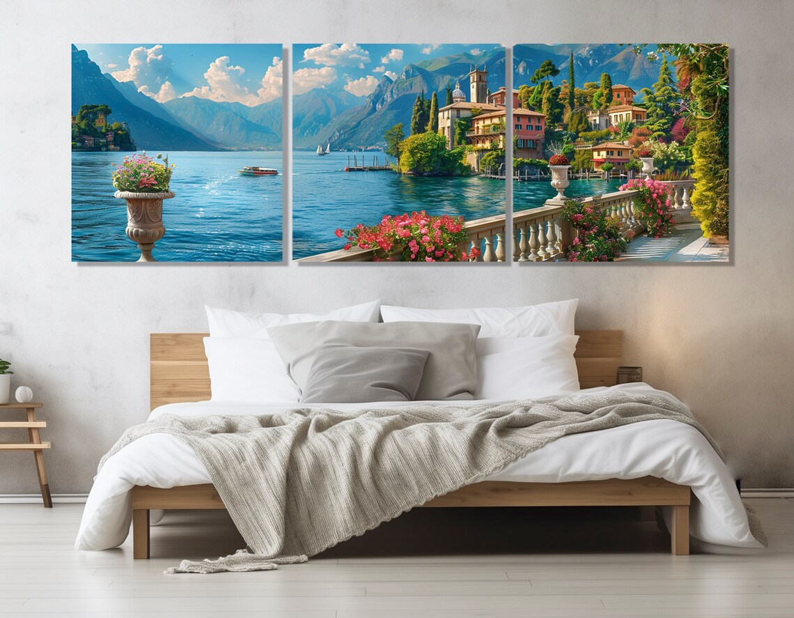 Lake Como Coast Oil Painting Print, Italy Panorama - Image 3
