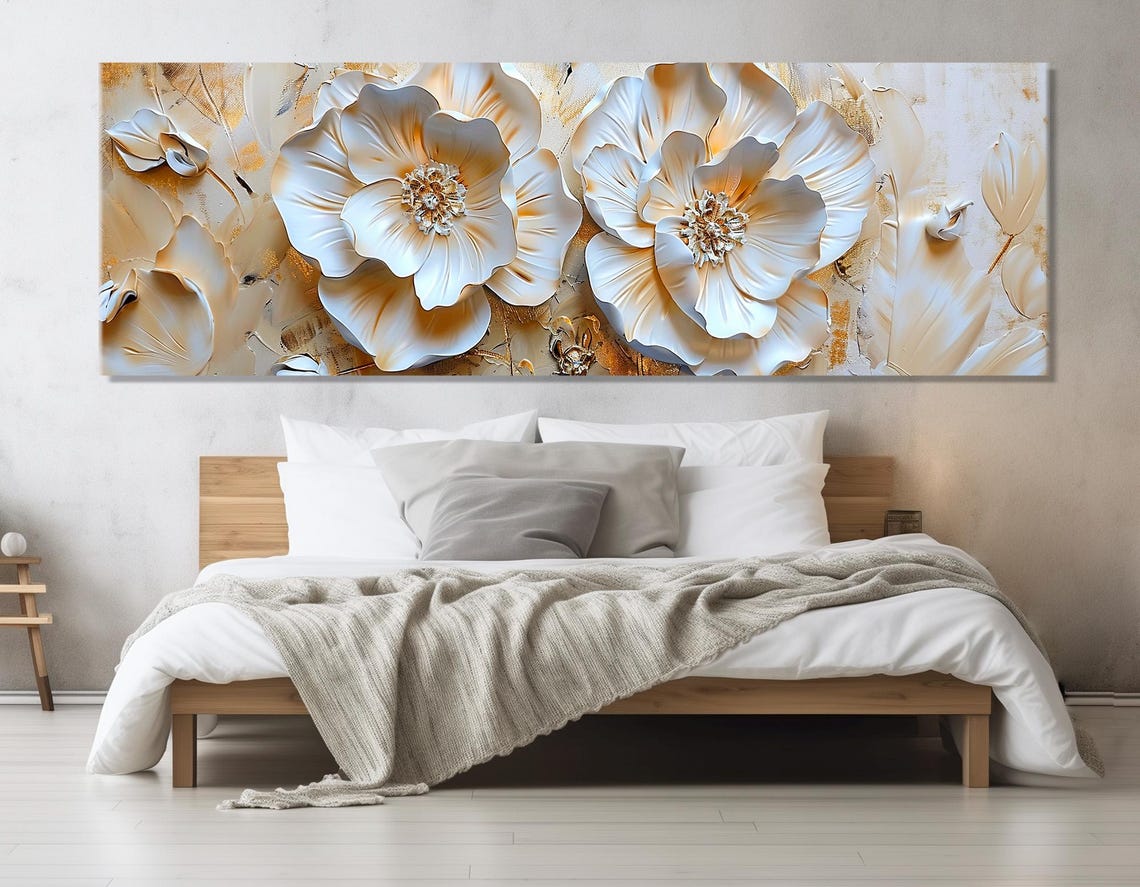 Luxury White Flowers Gold Tones 3D Relief Effect Panoramic Poster