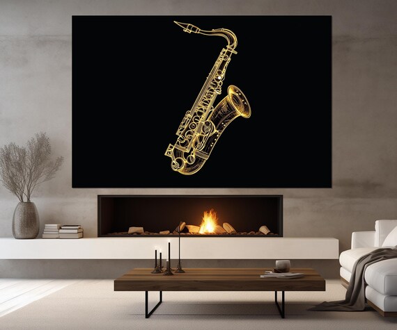 Golden Saxophone Line Art Black Background Jazz Music Wall Poster