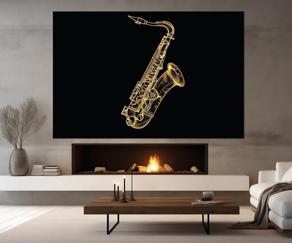 Golden Saxophone Line Art Black Background Jazz Music Wall Poster