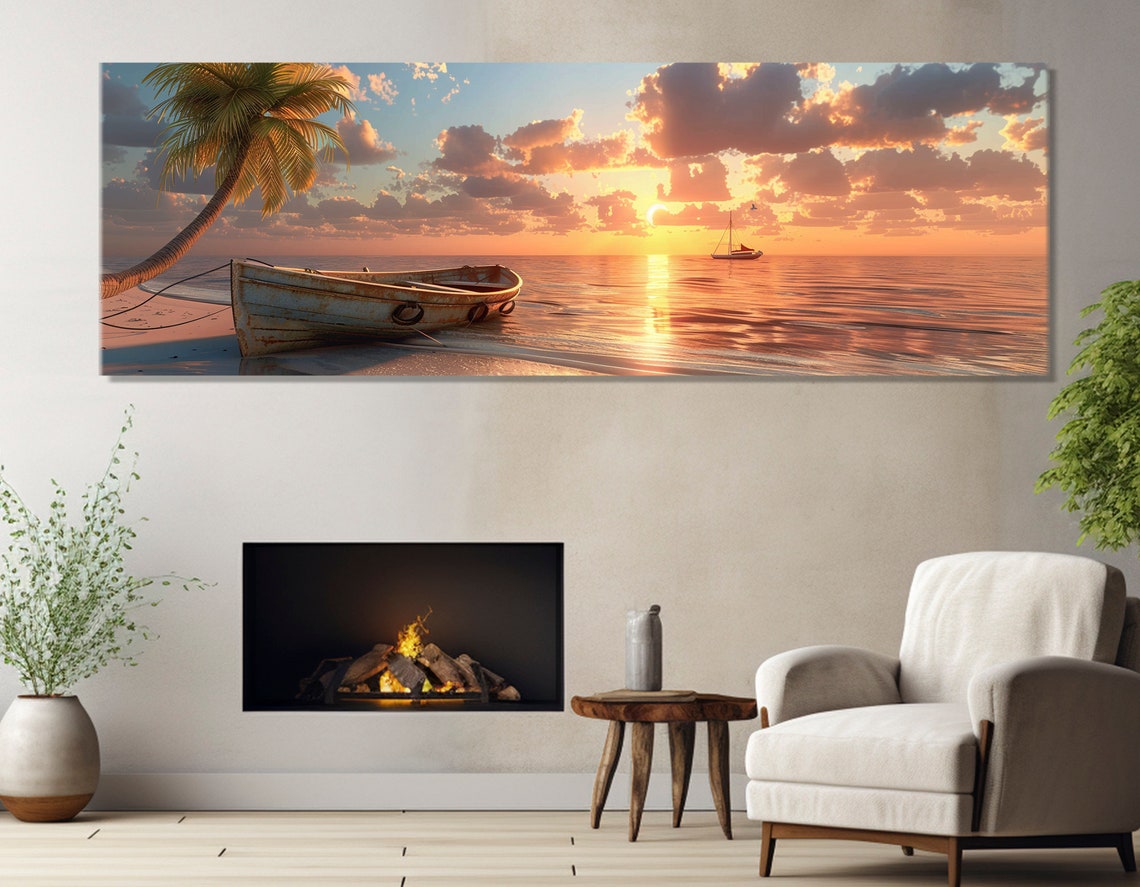 Old Wooden Boat Sunset Beach Palm Tree Sailboat Ocean Travel Poster - Image 4