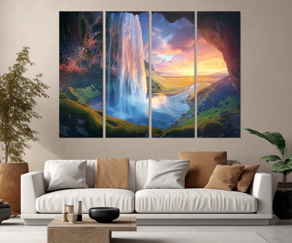 Waterfall Seljalandsfoss In Island Abstract Print Waterfall Painting Waterfall Print Iceland Nature Print Framed Ready To Hang - Image 2