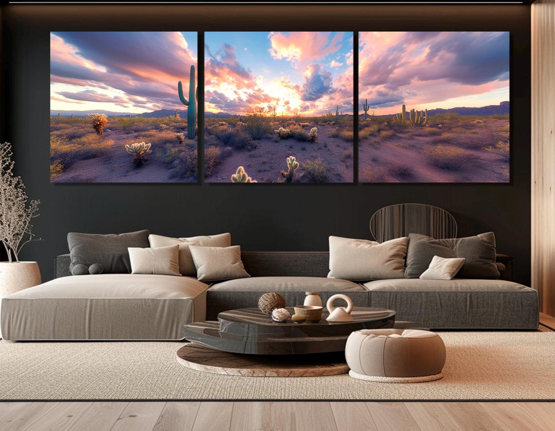 Desert Cactus Sunset Saguaro Pink Clouds Panoramic Landscape Poster - Image 3