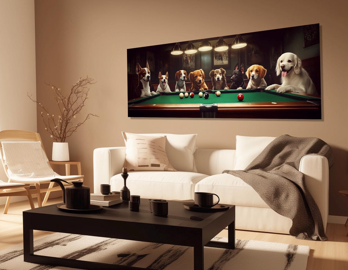 Dogs Playing Billiards Pool Table Bar Room Panoramic Funny Poster - Image 2
