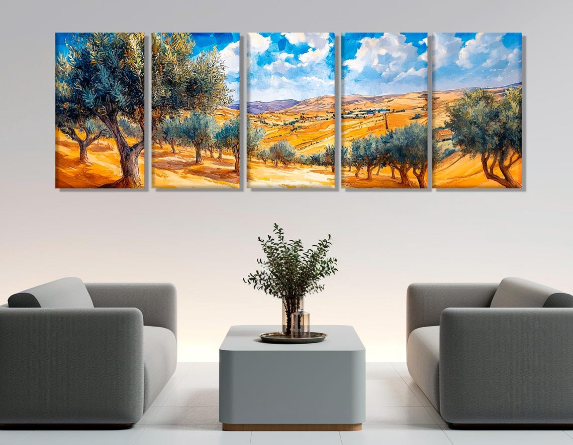 Tunisia Golden Hills Olive Grove Watercolor Panoramic Landscape Poster - Image 2
