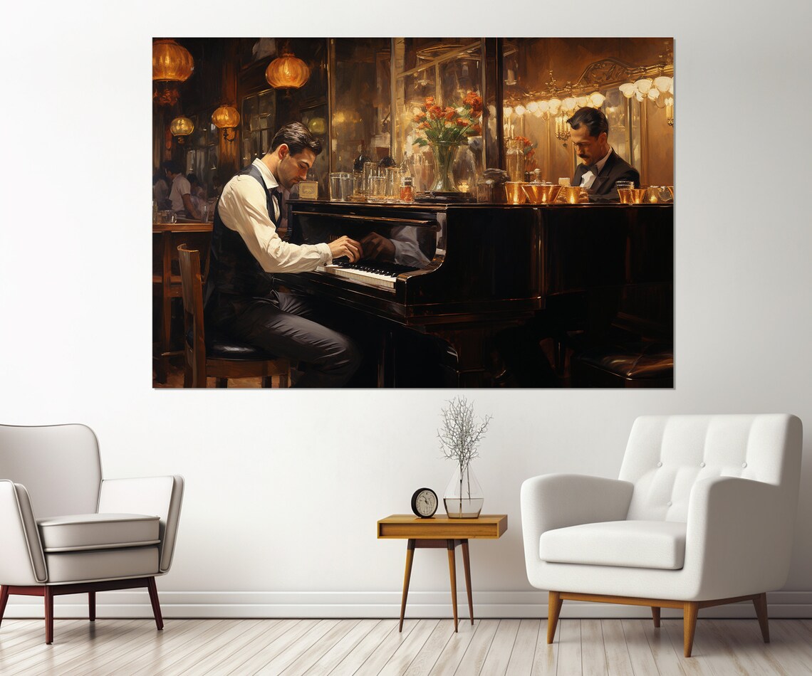 Pianist Playing in Bar, Vintage Retro Art Print - Image 3