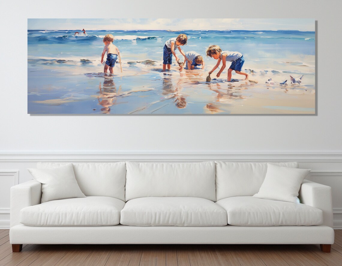 Kids Playing on the Beach Painting Art Print, Beach Scene - Image 4