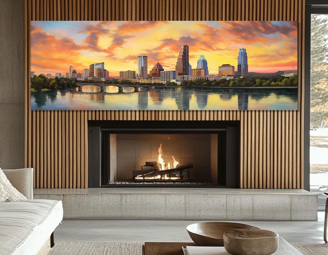 Abstract Austin Sunset Print Austin Wall Art Evening Austin Skyline Large Austin Painting Framed And Ready To Hang