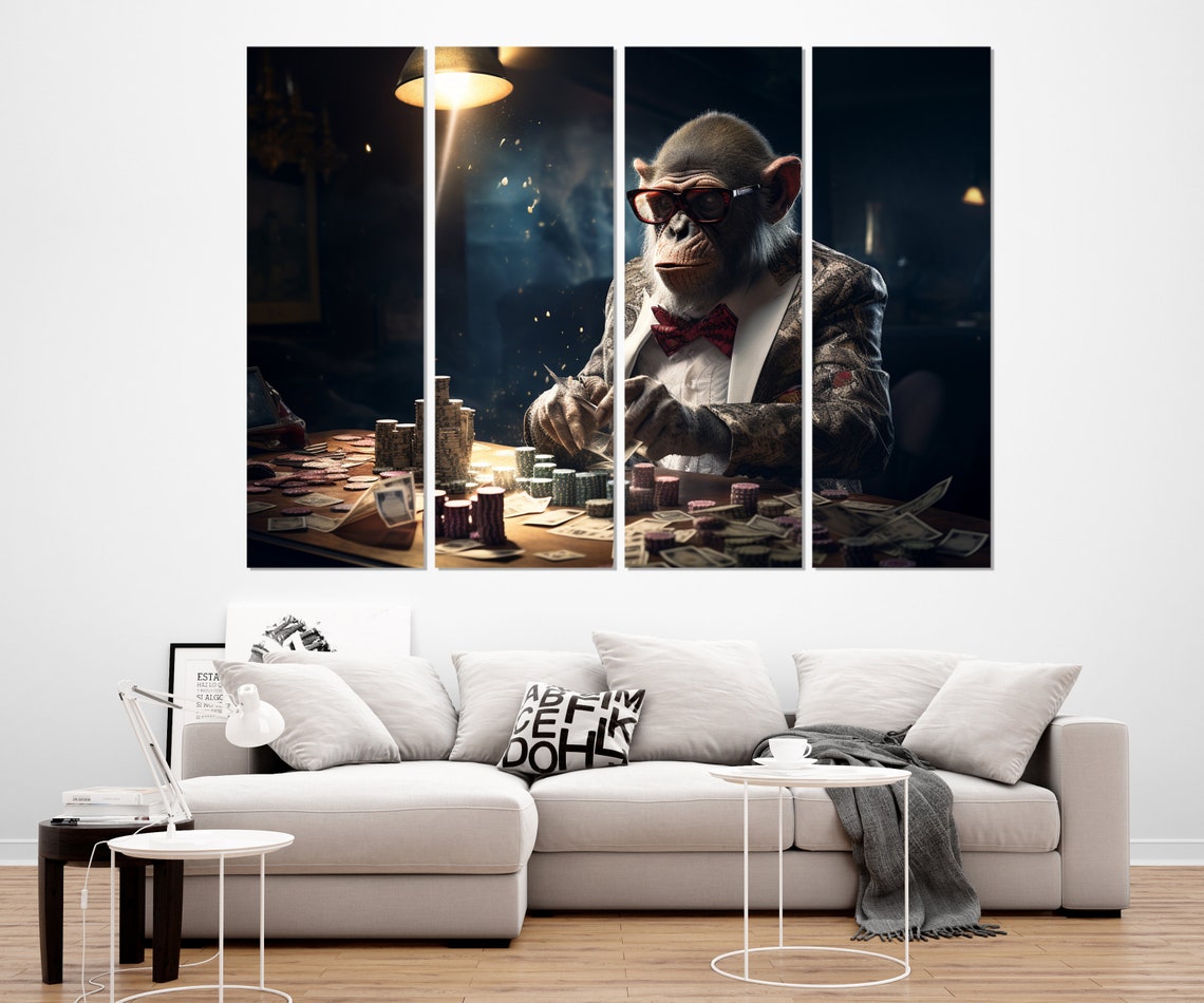 Monkey Playing Poker Suit Bow Tie Glasses Casino Night Wall Art Poster - Image 3
