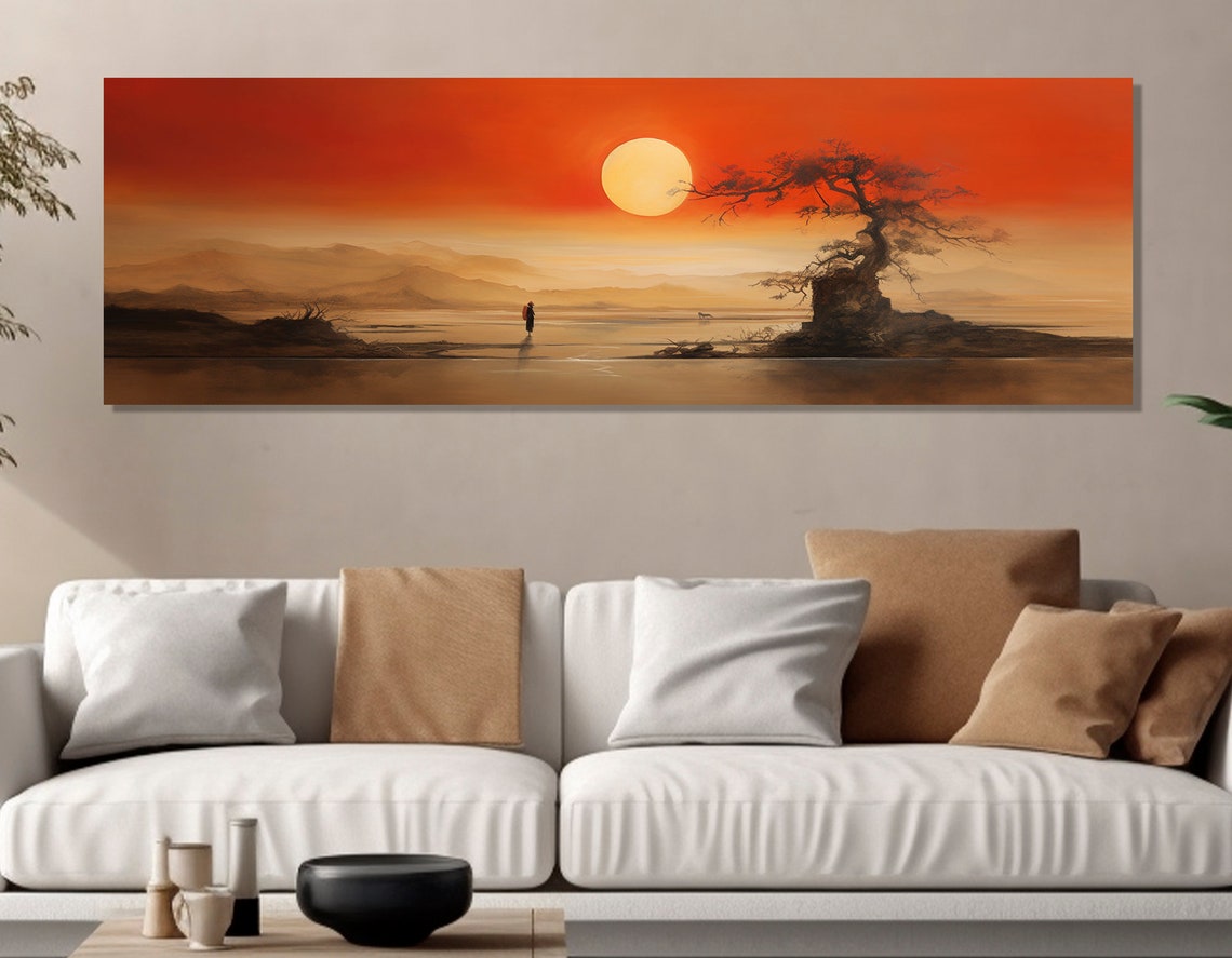 Traditional Chinese Sunrise Lake Lone Tree Misty Mountains Art Poster - Image 4