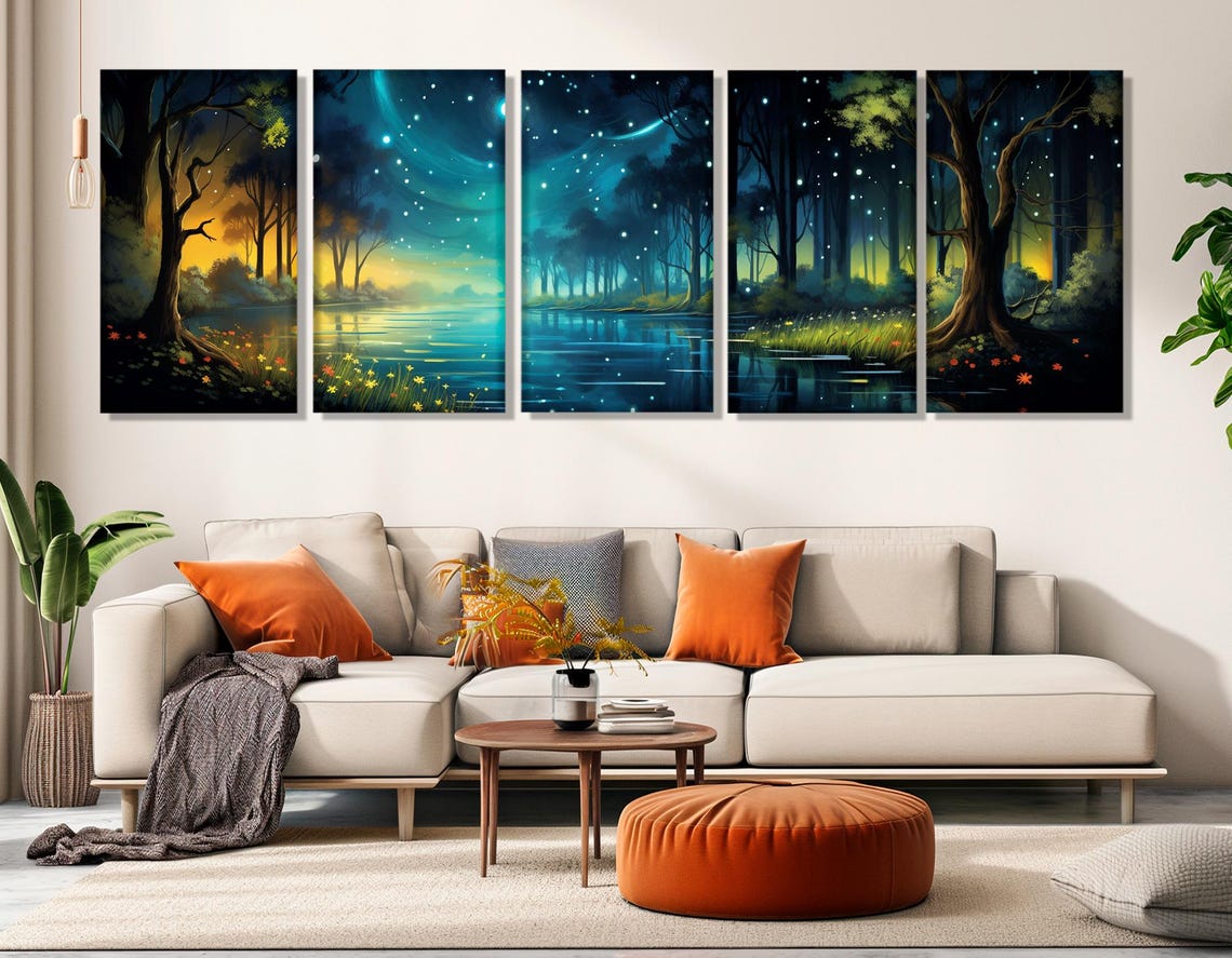 Fantasy Night Forest Fireflies Starry Sky River Panoramic Poster - Image 3