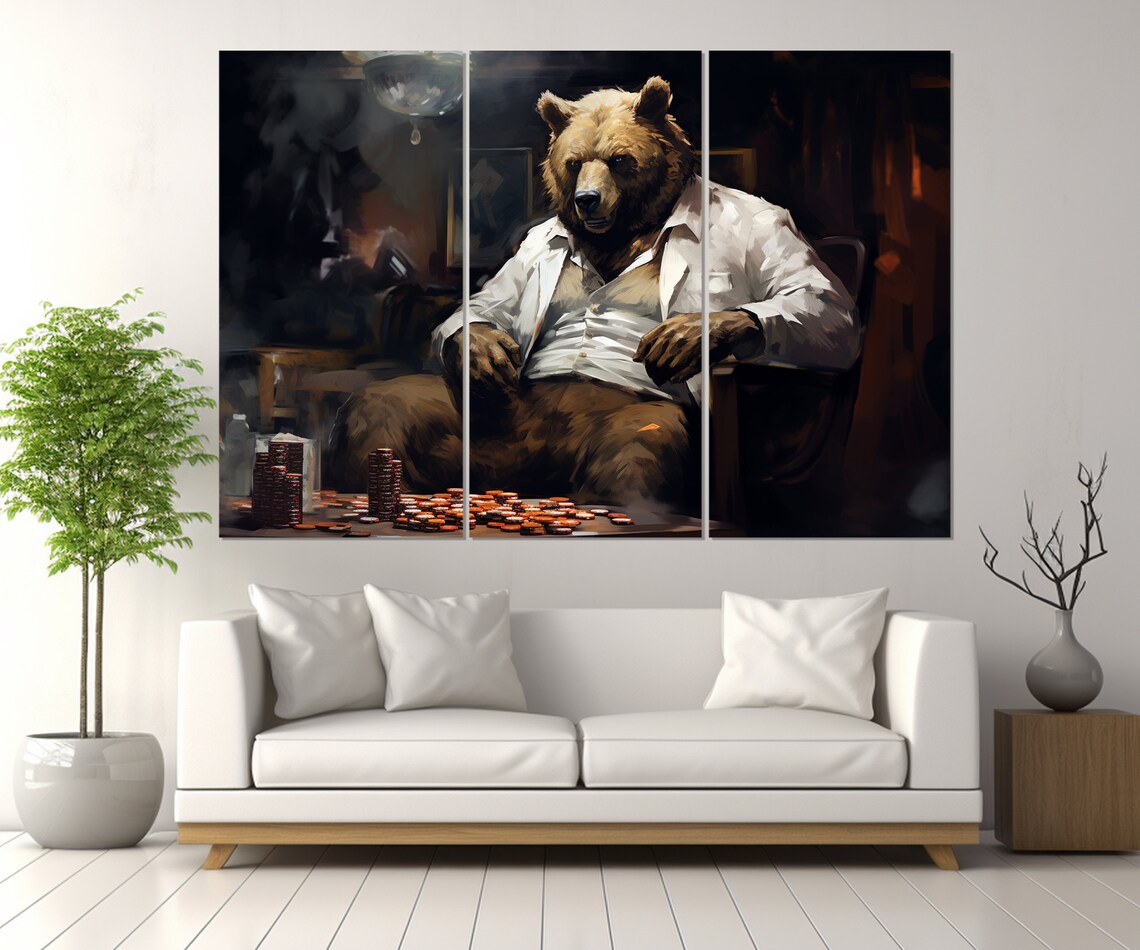 Bear Playing Poker Casino Table Chips Funny Grizzly Night Wall Art Poster - Image 3