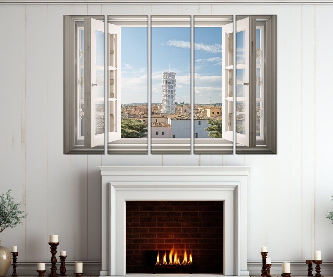 Leaning Tower Of Pisa Open Window Old Town Rooftops View Poster - Image 3