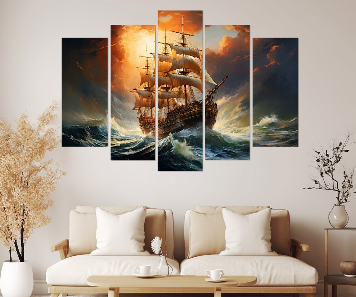 Old Sailboat at Sunset, Nautical Sea Art Print - Image 3