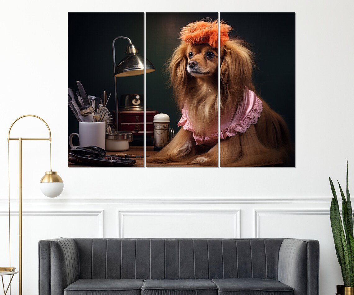 Dog Hairdresser Pink Grooming Cape Feather Hat Funny Salon Wall Art - Image 4