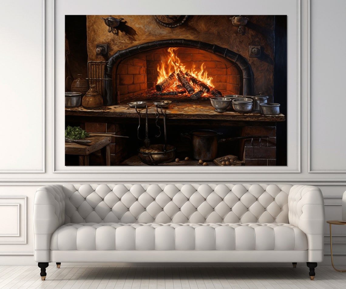 Rustic Brick Oven Roaring Fire Vintage Bakery Kitchen Painting Poster - Image 3