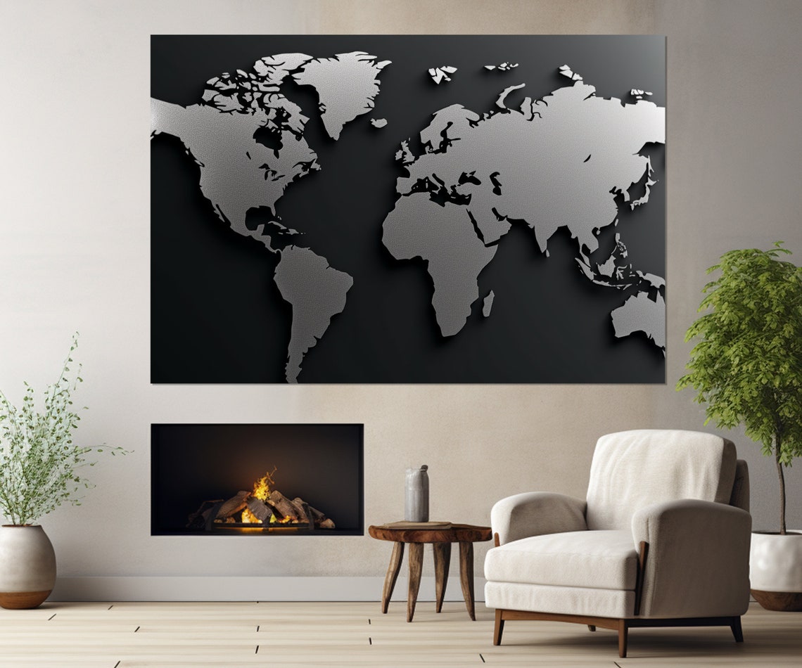 Monochrome World Map Black Silver 3D Relief Modern Office Decor Print