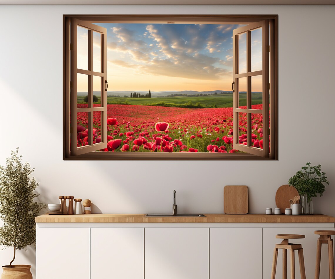 Open Window Red Poppy Field Sunset Countryside Faux View Poster
